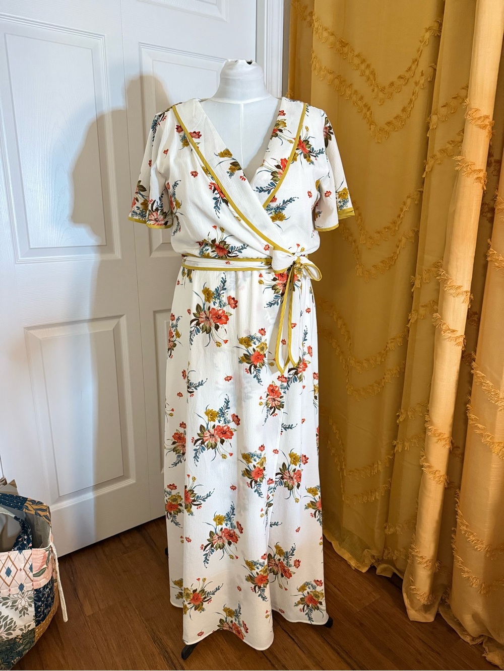 Luxology Cream Floral Wrap Maxi Dress with Yellow Trim